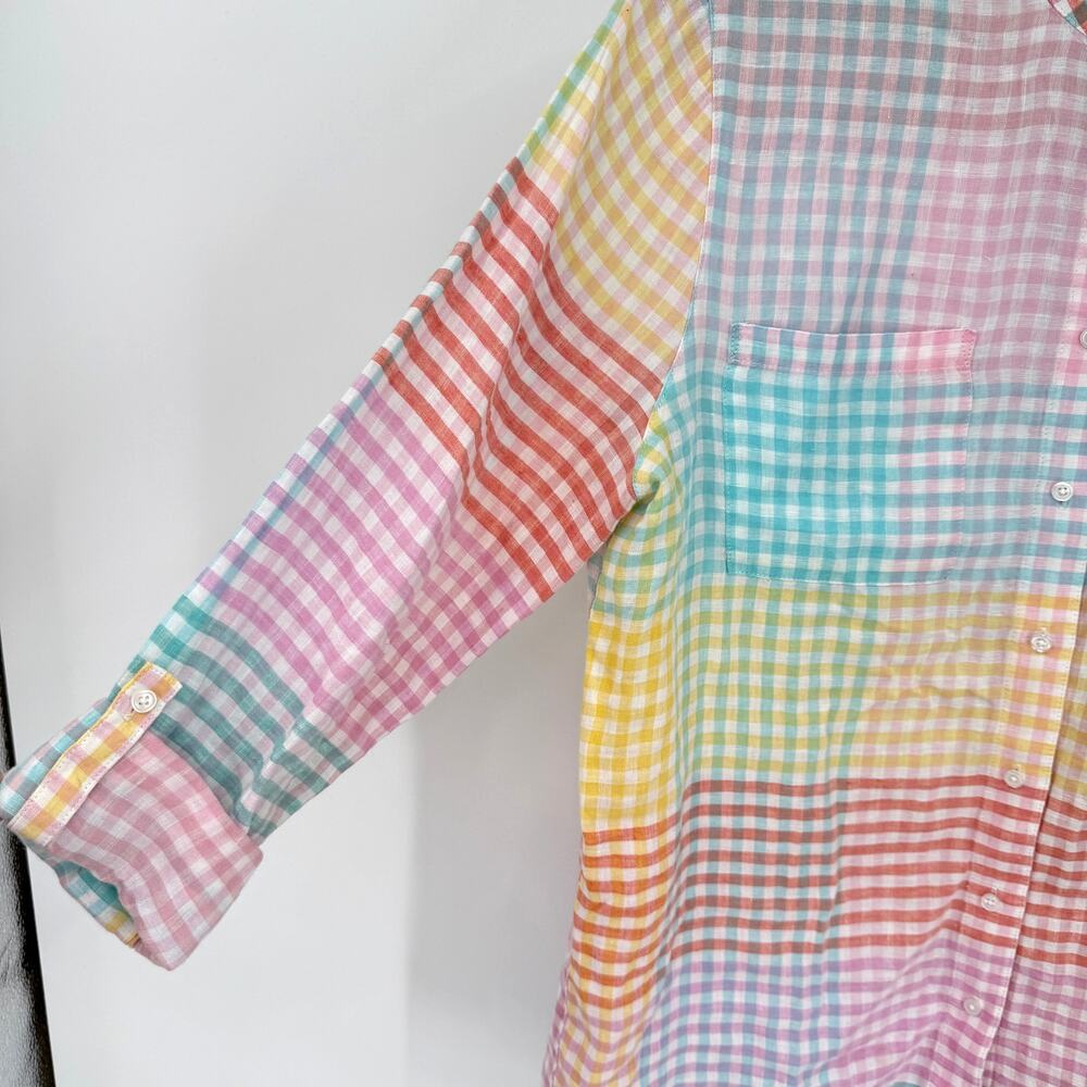 Lands End 100% Linen Plaid Madras Tunic Button Up Blouse Top Size Large NEW - Picture 3 of 6